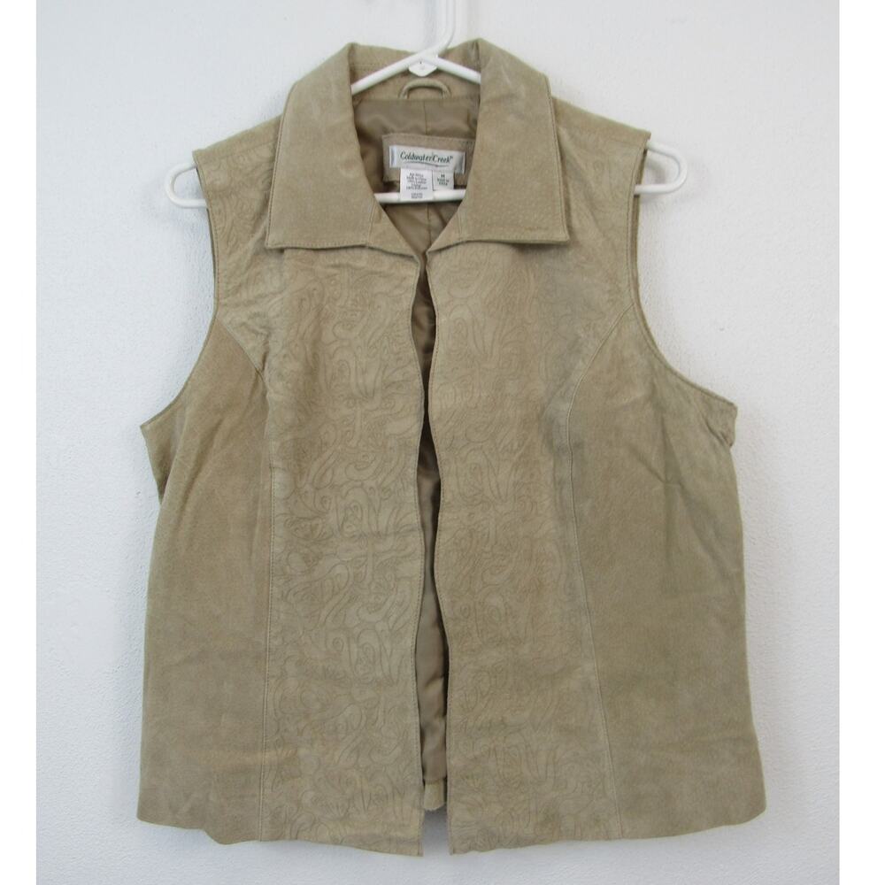 Coldwater Creek Medium Leather Tan Embossed Open Front Vest Collared Suede